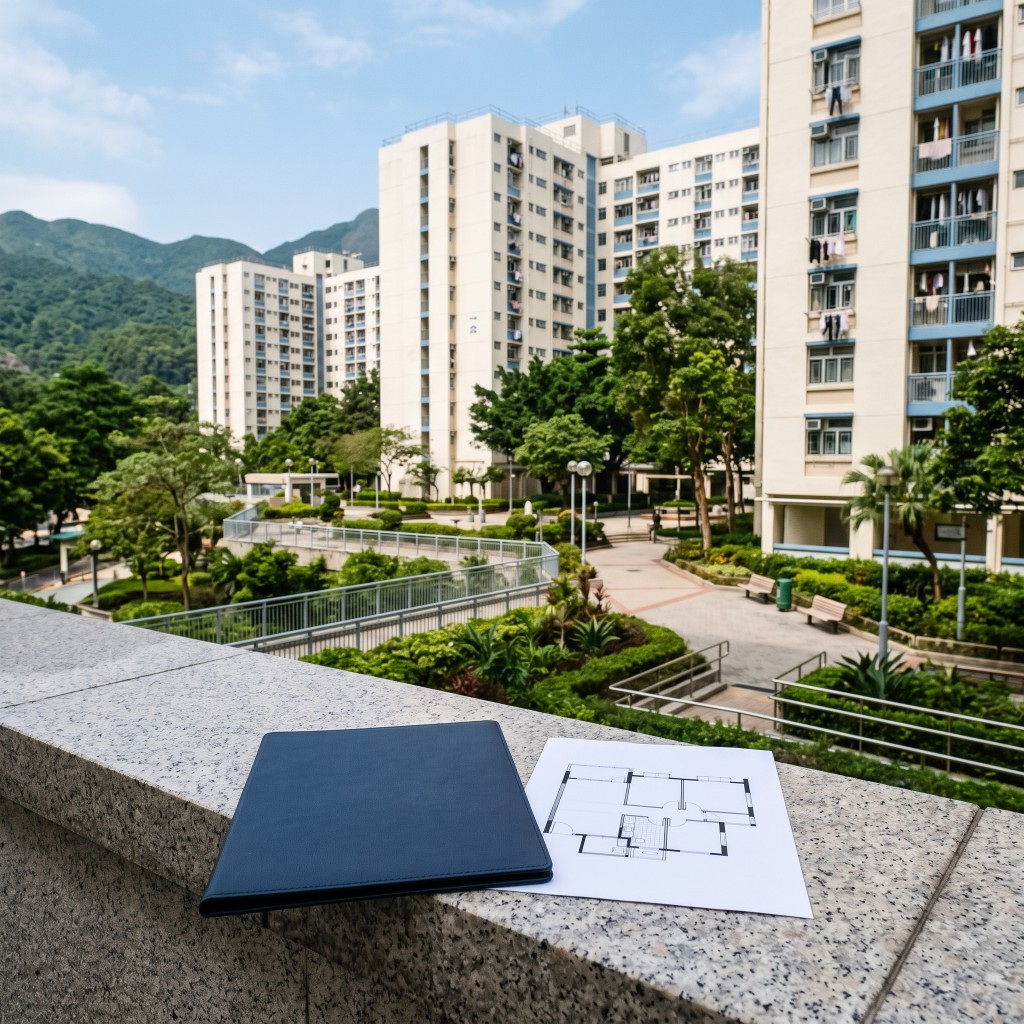 資助房屋屋苑前放有物業圖則與文件夾
